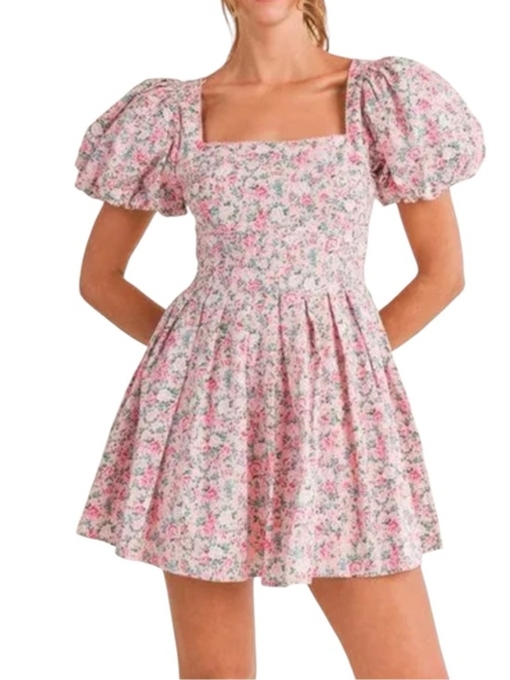 Mable Square Neck Pink Floral Puff-Sleeve Mini Dress